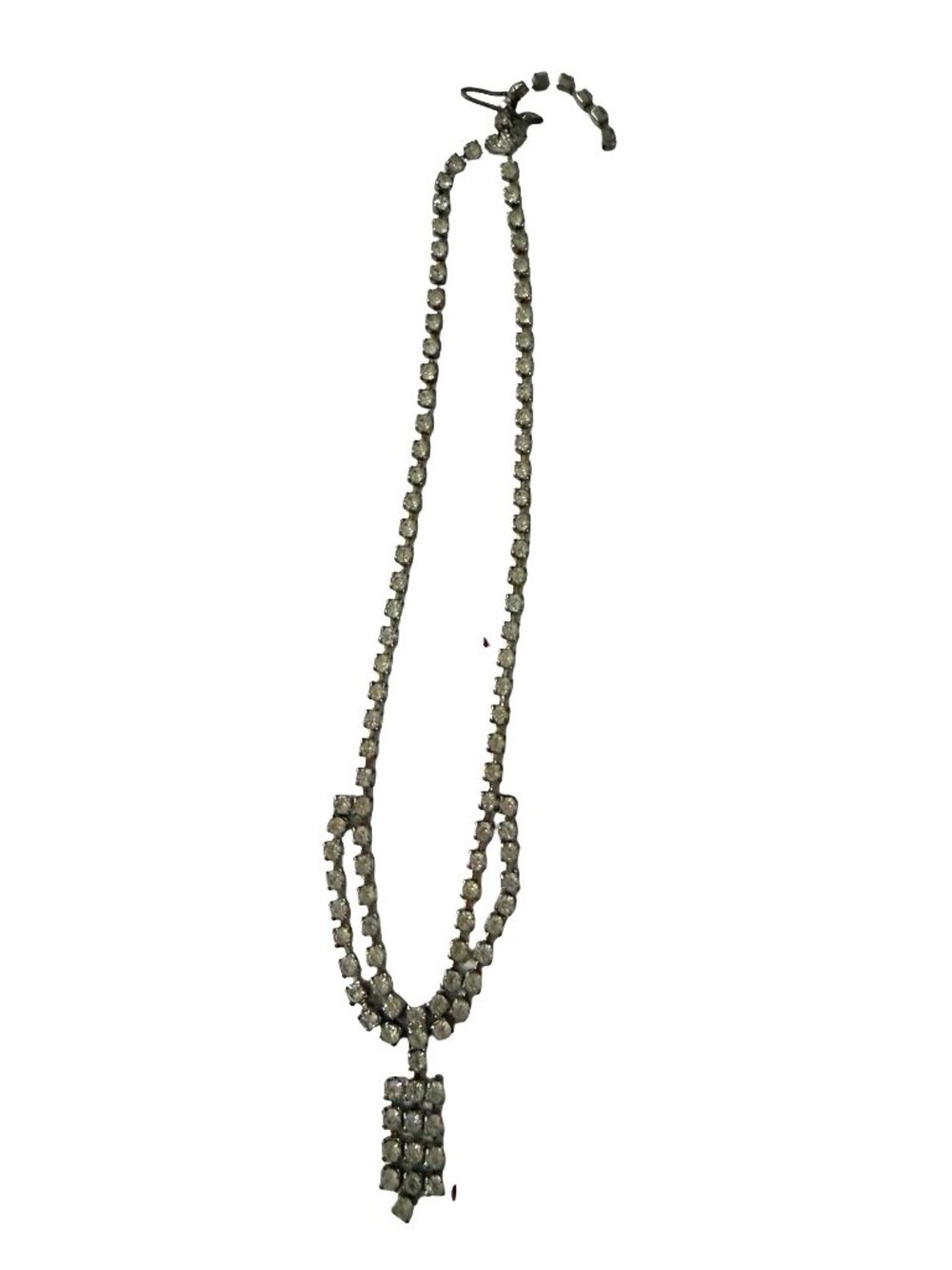 Vintage Rhinestone Double Swag Choker Necklace 14 Inch Silver Tone Pendant Drop